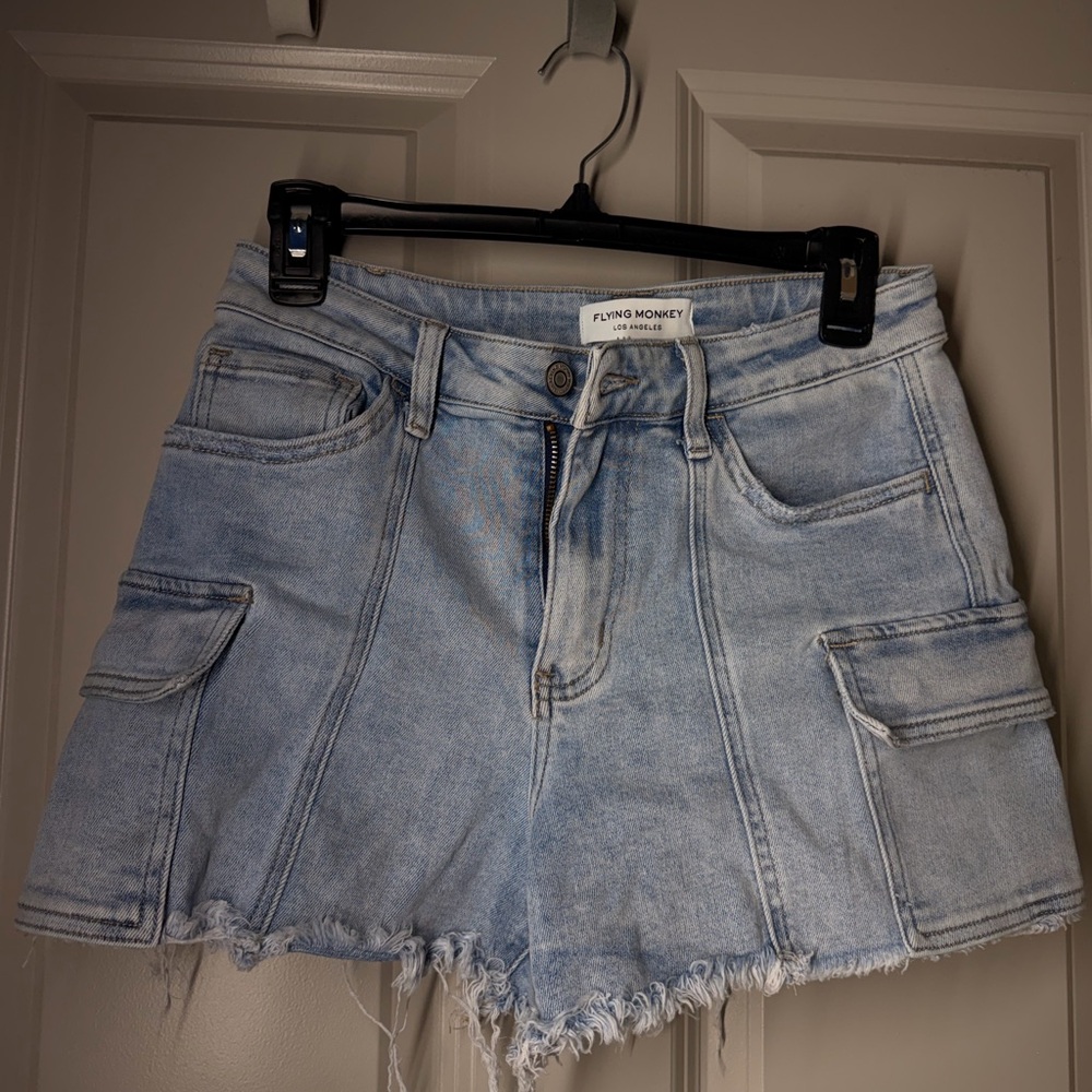 Flying Monkey Light Wash Denim Cargo Cutoff Shorts